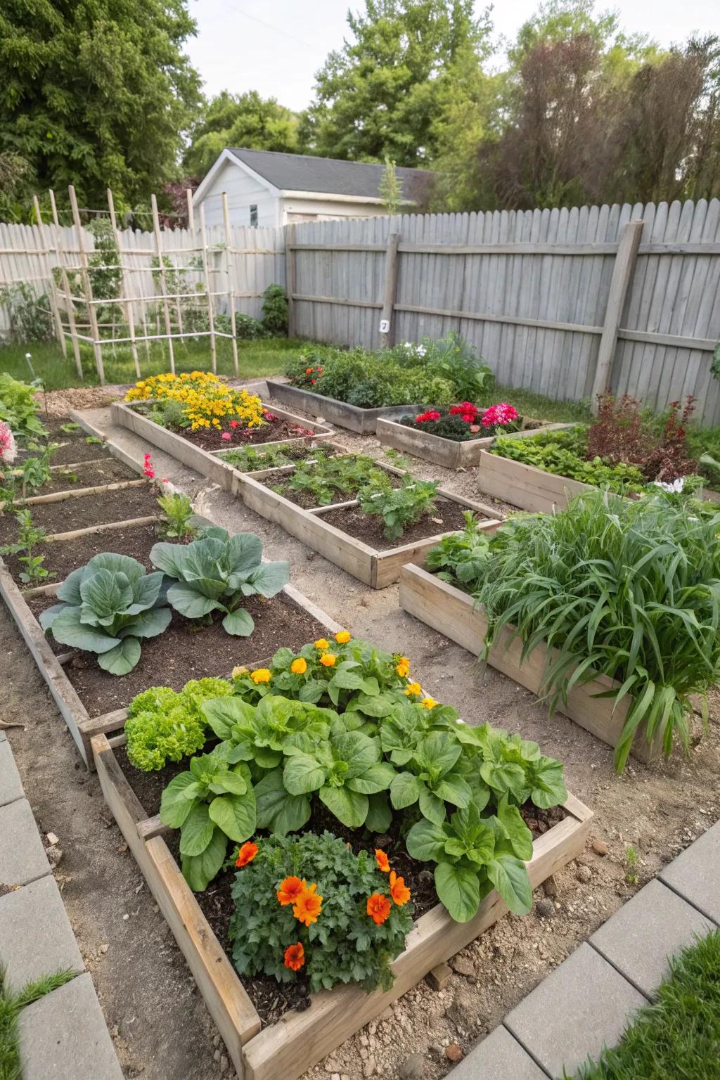 A square foot garden bursting with a diverse array of vegetables.