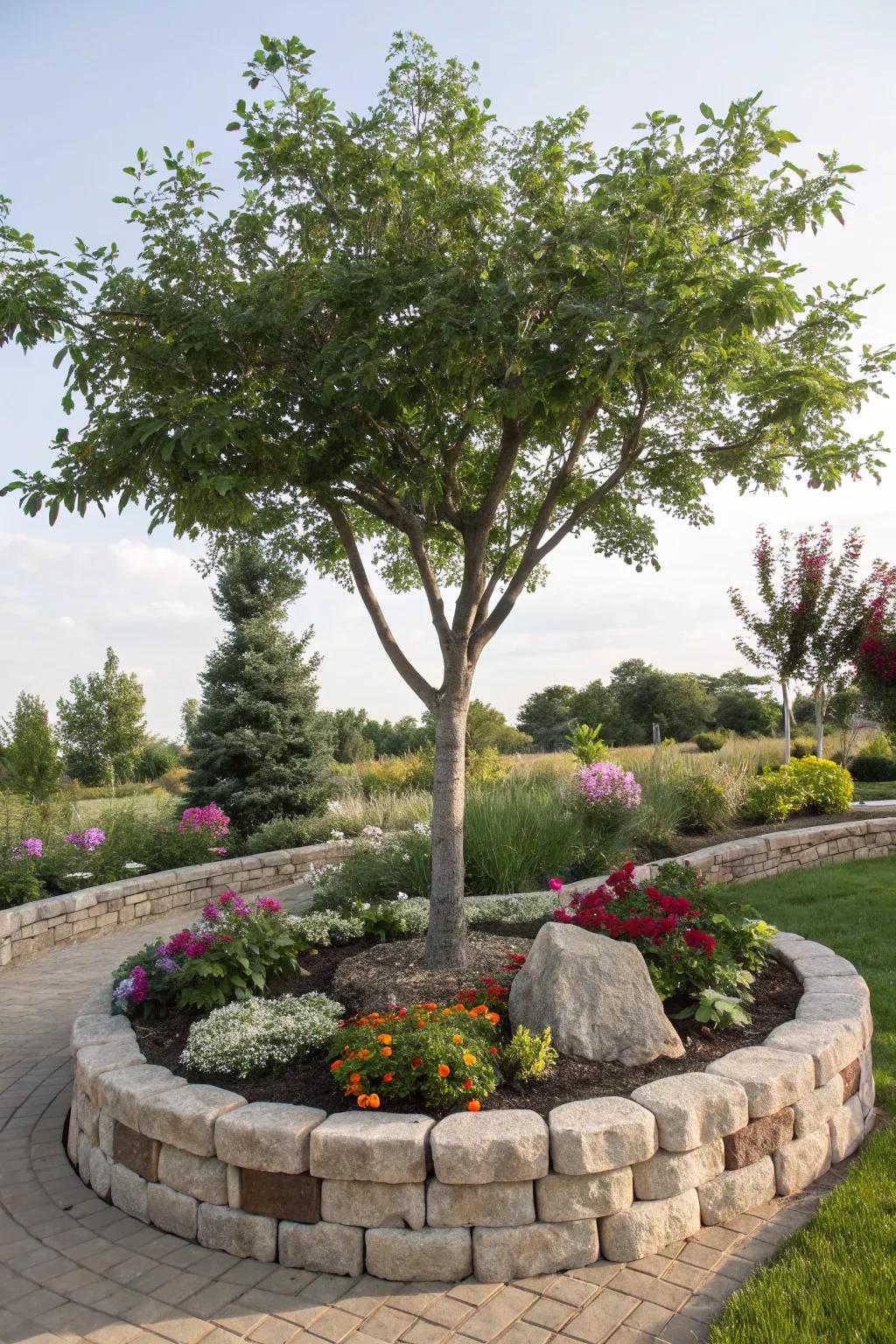 A tree has a border of decorative stones around it.