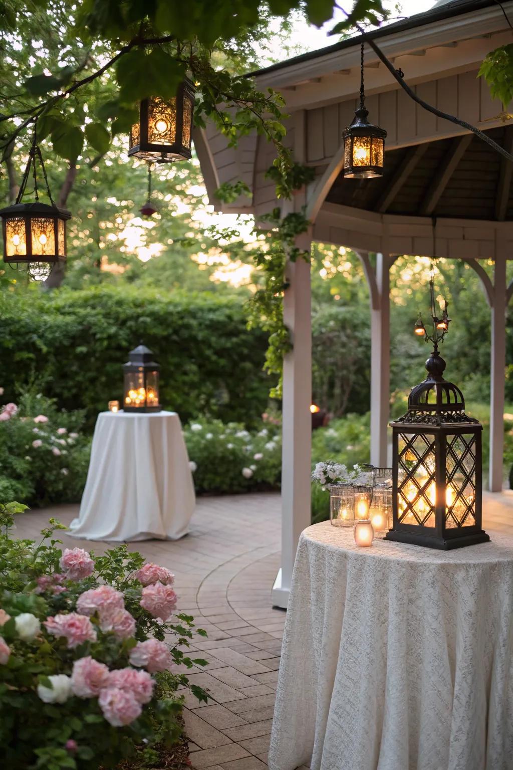 Lanterns enhancing the gazebo with a quaint allure.