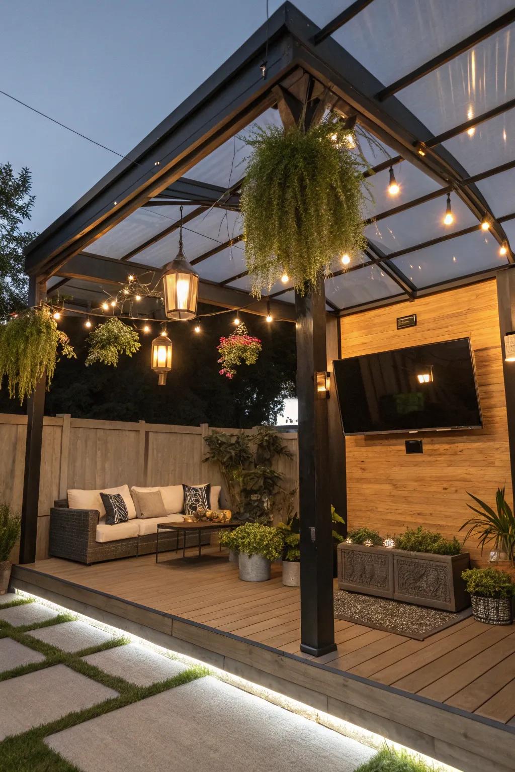 A seamless TV integration is achieved via ceiling mounts that enhance the gazebo’s design.