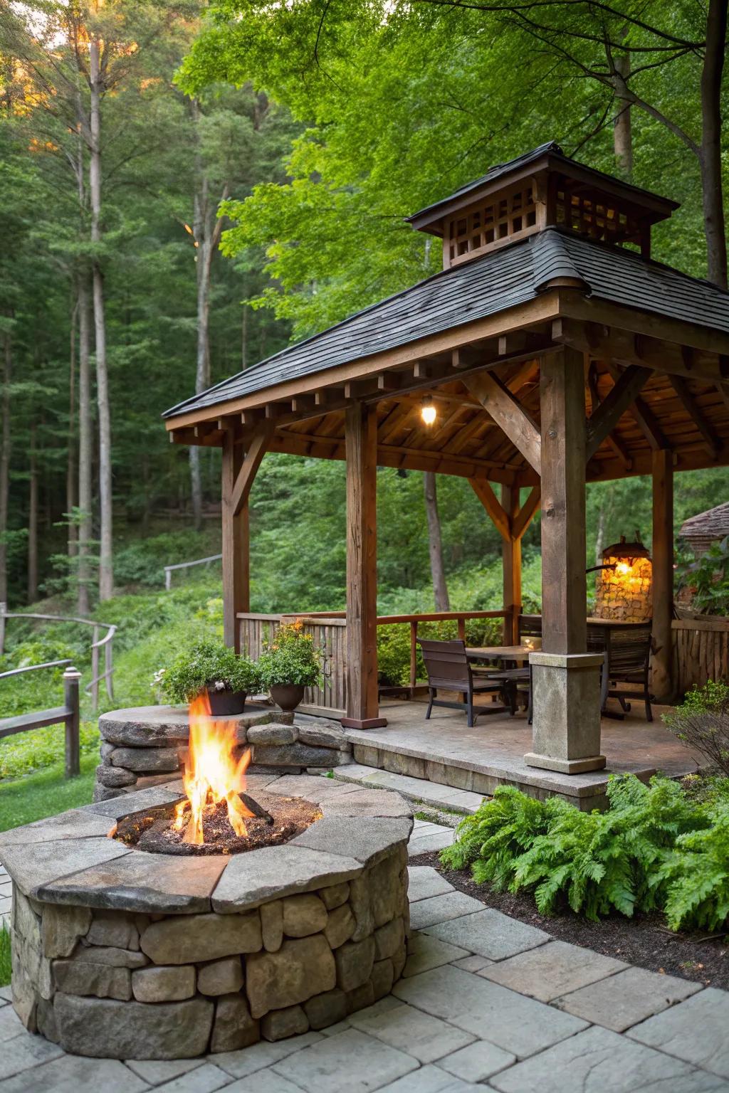 Country-style appeal with a timber garden pavilion and cobblestone bonfire station.