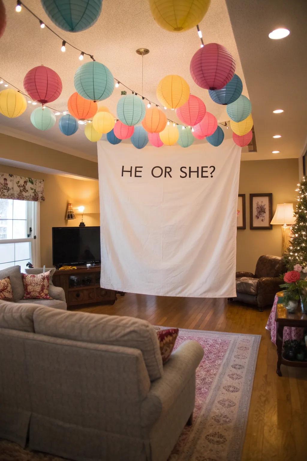 Enchanting banners and signage create the ambiance for an unforgettable gender reveal.