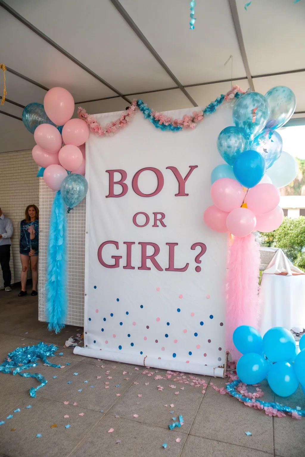 A thematic backdrop displaying cheerful 'Boy or Girl?' decorations.