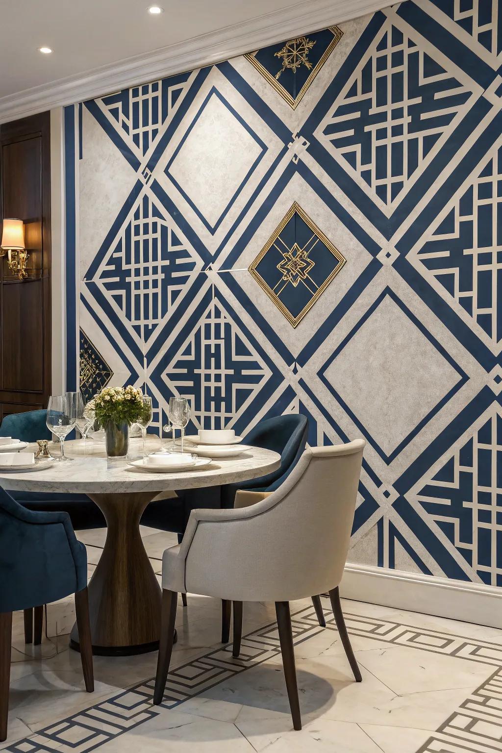 A dining space featuring striking diamond geometric patterns, creating a captivating focal point.