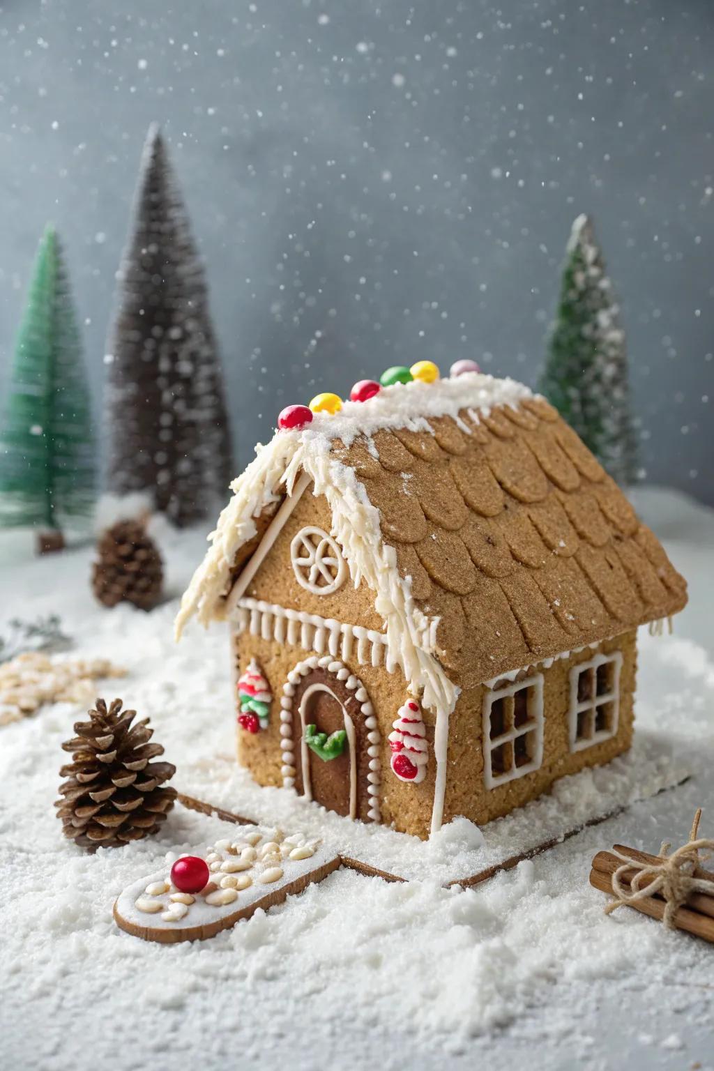 A gingerbread cabin featuring a straw-inspired roof for an organic impression.