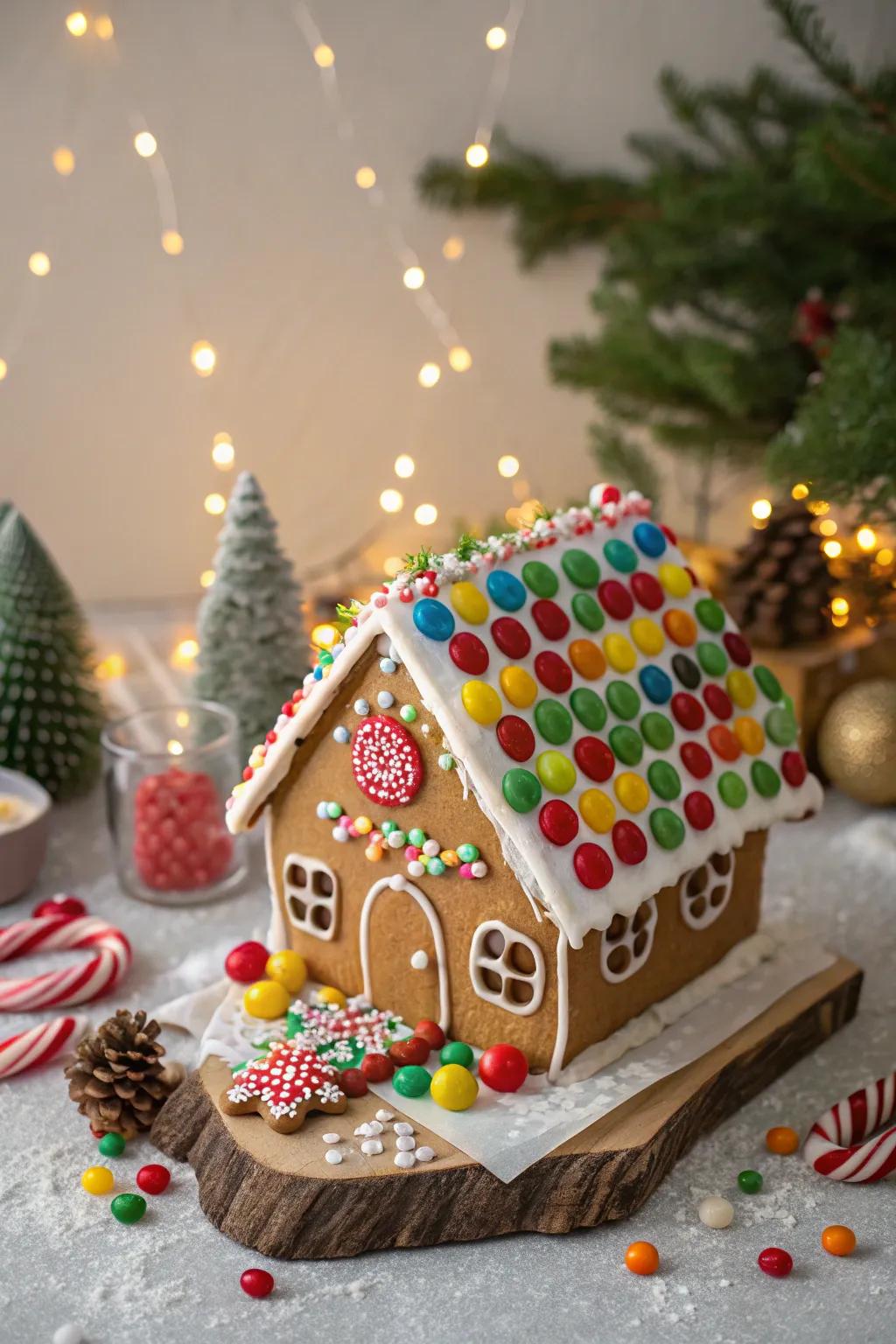 A lively rooftop of a gingerbread house blanketed in sweet dots.