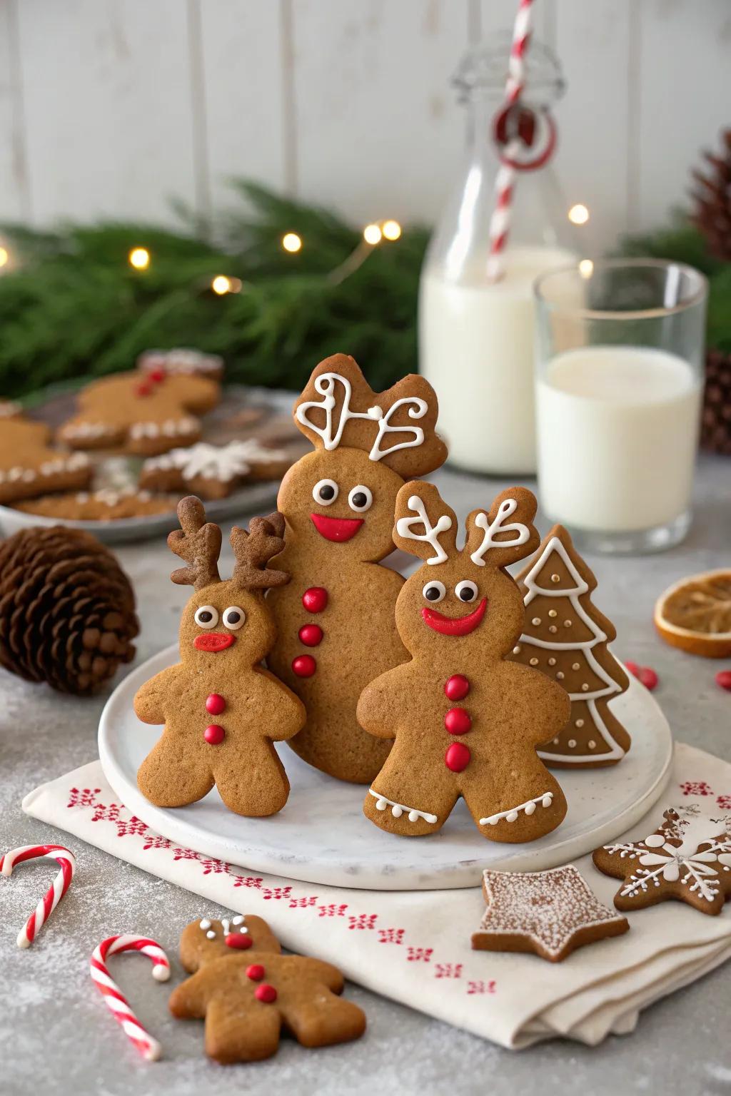 An endearing gingerbread kin styled as reindeer.