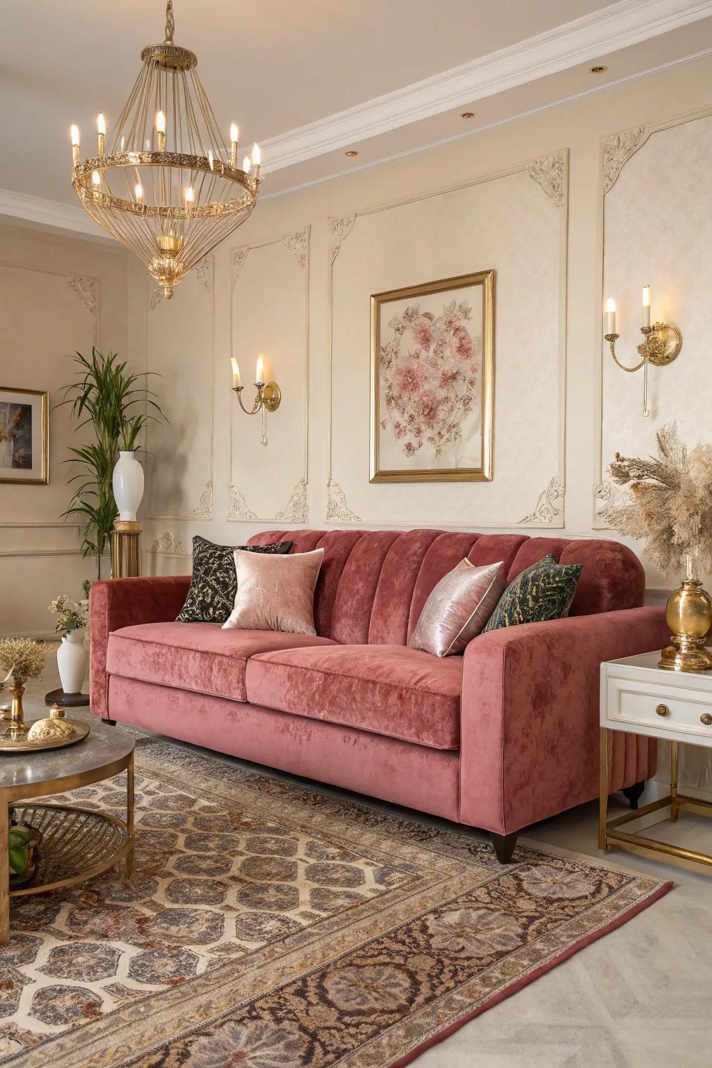 A luxurious living room centered around a rose velvet sofa.
