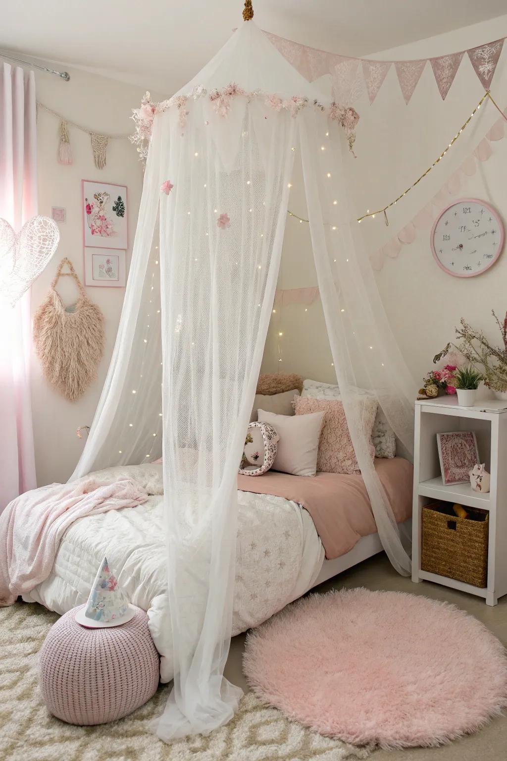 An enchanting canopy bed elegantly covered in sheer fabric.