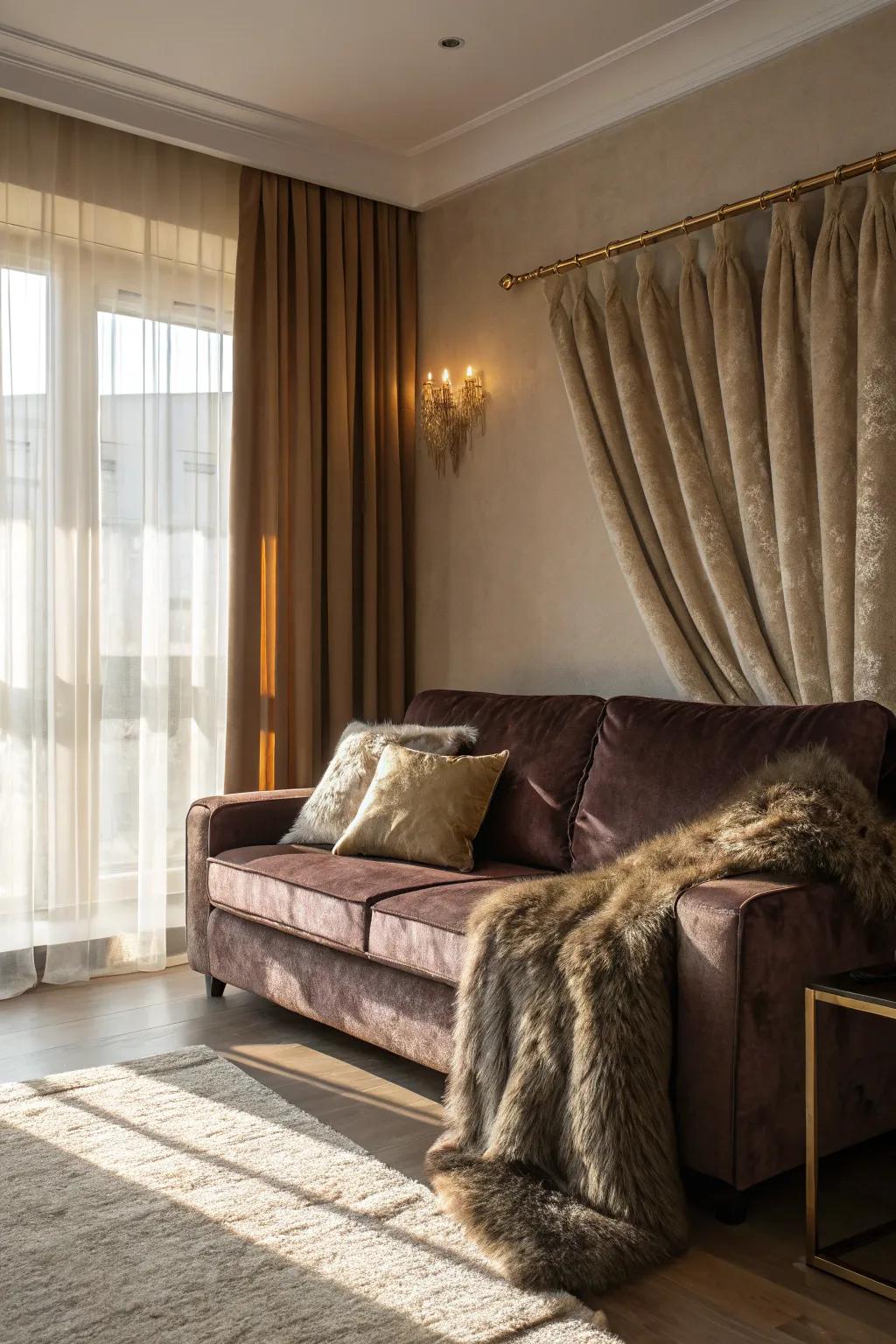 Lush textures amplify the glam factor in a living room.