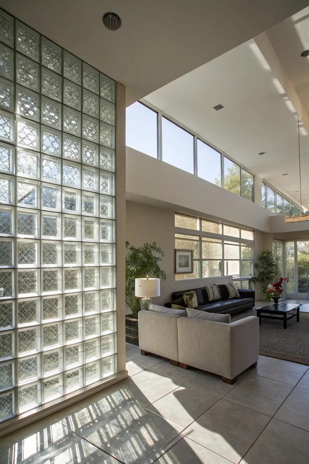 A modern living room that has a glass block wall, making a lively centerpiece full of natural light.