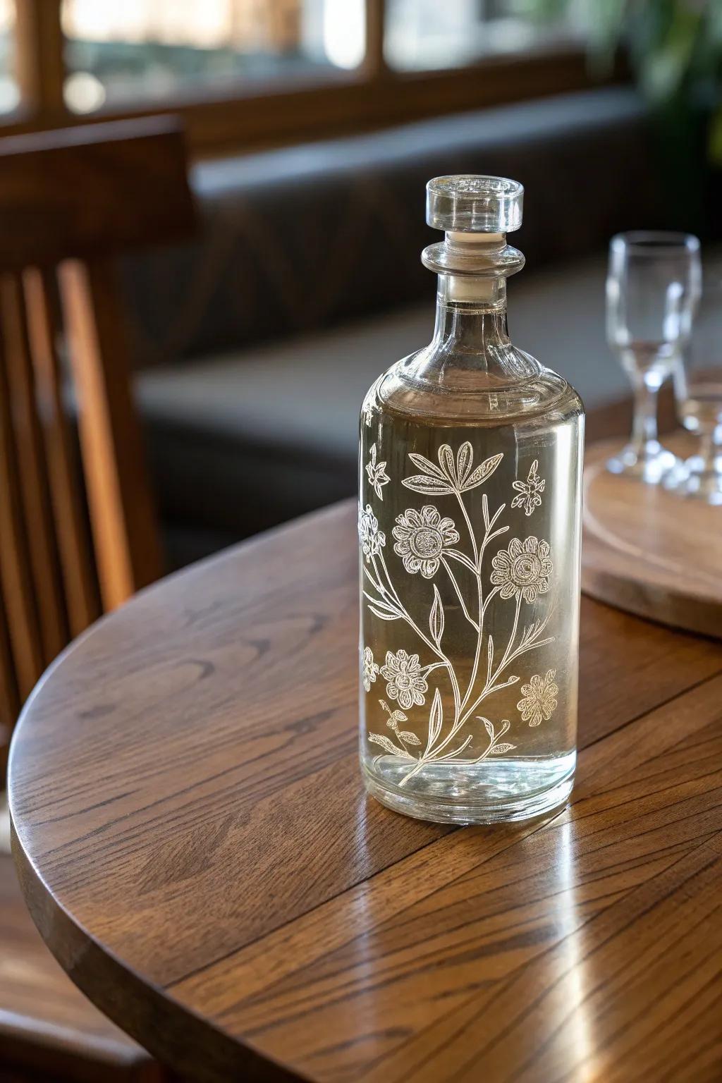 An etched glass bottle displaying elaborate floral designs.