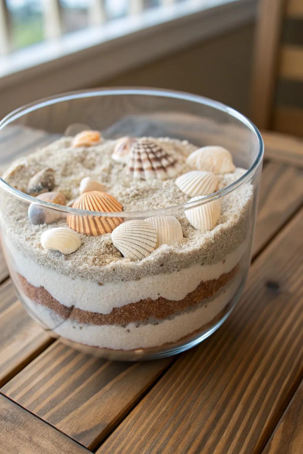 Arranged granules and shells inside a glass bowl bring the shoreline to your house.