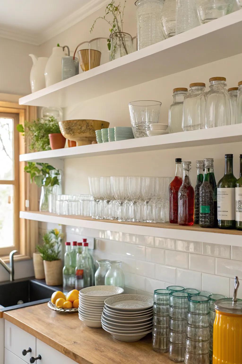 Open shelves showing a variety of glassware in a sunny kitchen.