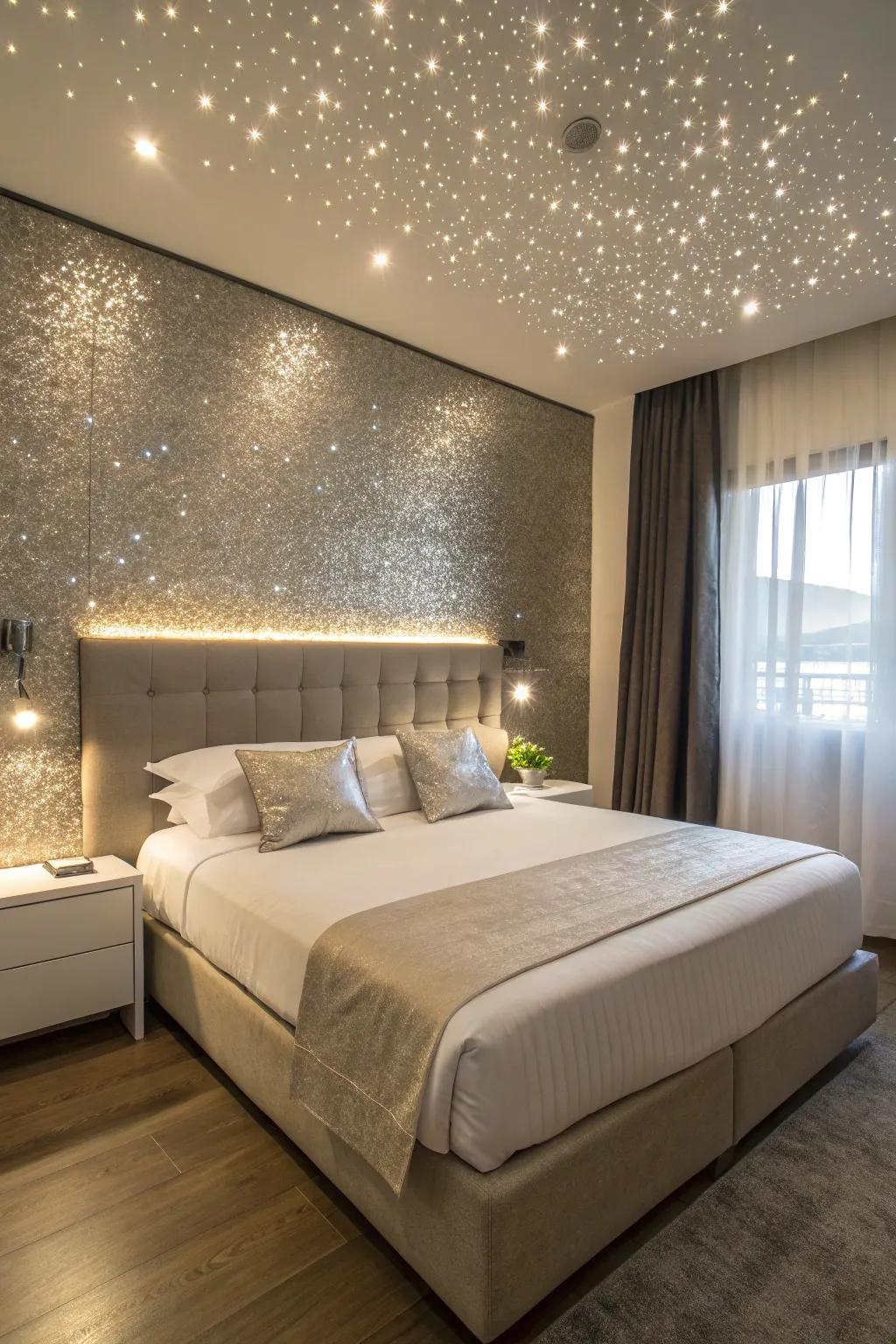 A shimmer accent wall imparts a dreamy sensation to a bedroom.