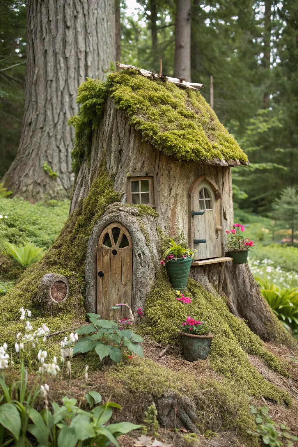 An unrefined gnome sanctuary ingeniously fashioned from an aged tree remnant.