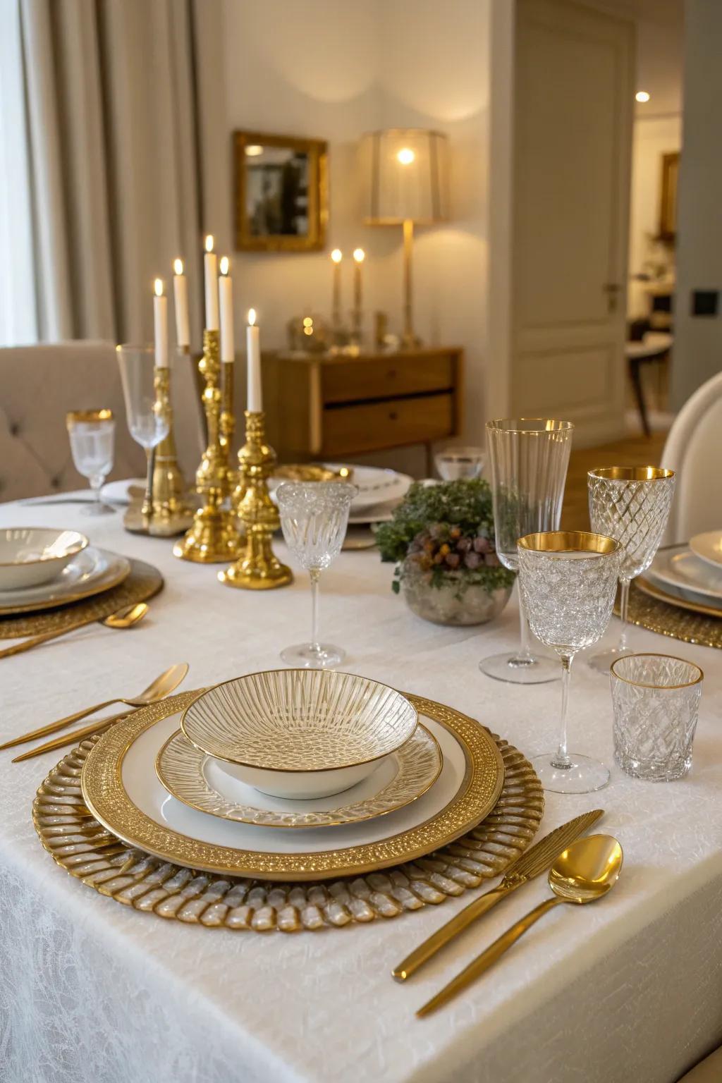 Gold-finish tableware elevates the sophistication of your birthday dining setting.