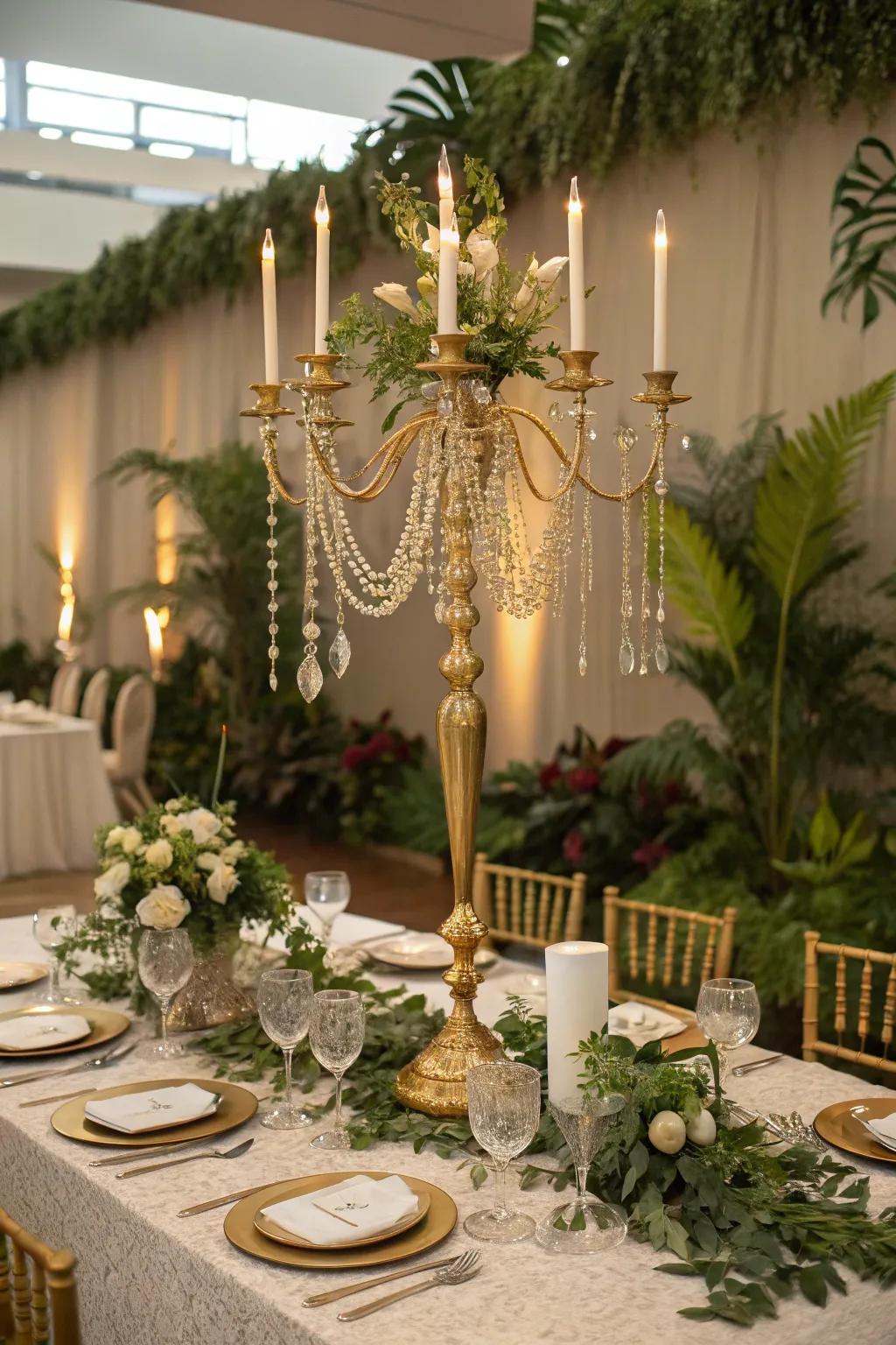 A stunning golden candelabra with crystal accents for a touch of drama.