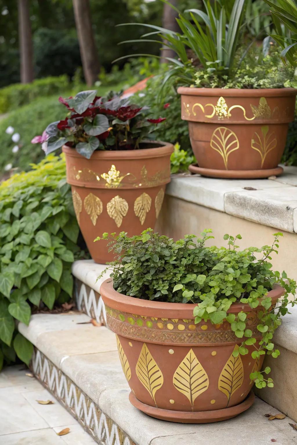 Create striking contrasts with planters adorned with gold leaf.