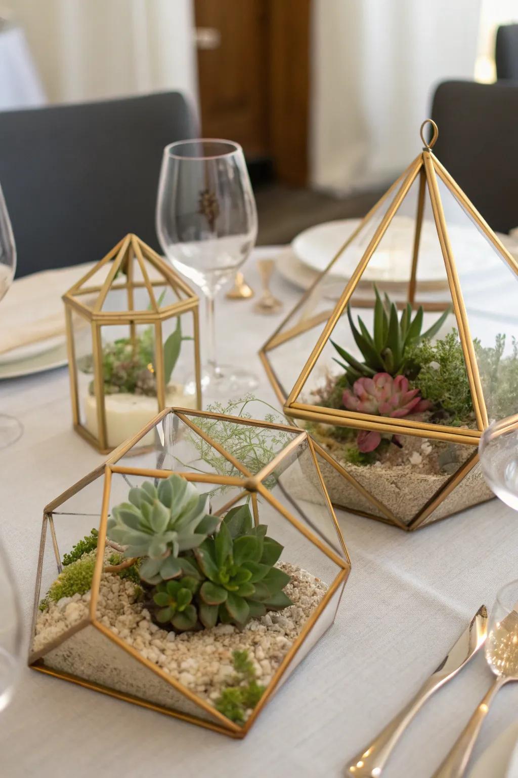 Elegant gold greenhouses presenting a contemporary twist to conventional centerpieces.