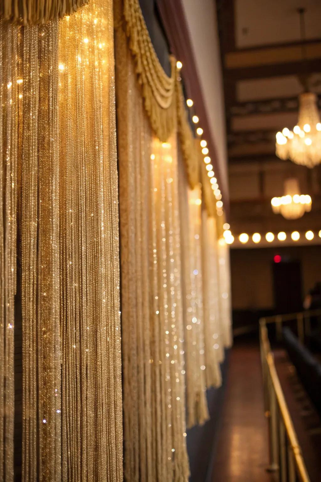 Gold fringe curtains provide a glittering setting, perfect for capturing memorable moments.