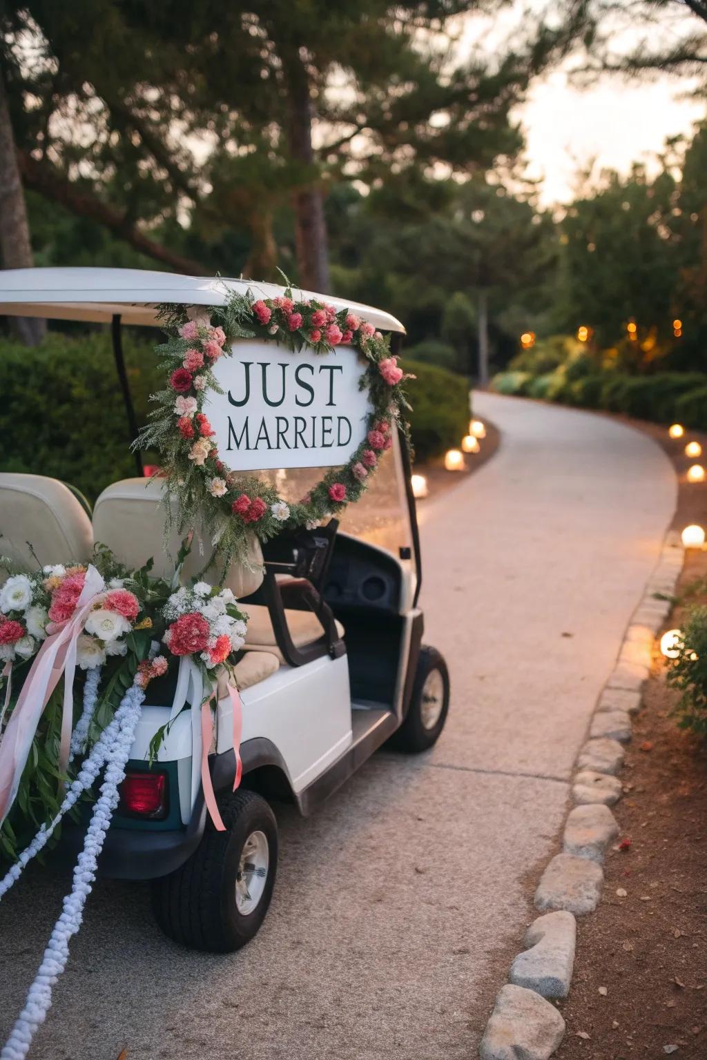 A charming golf car decorated for the exiting newlyweds.