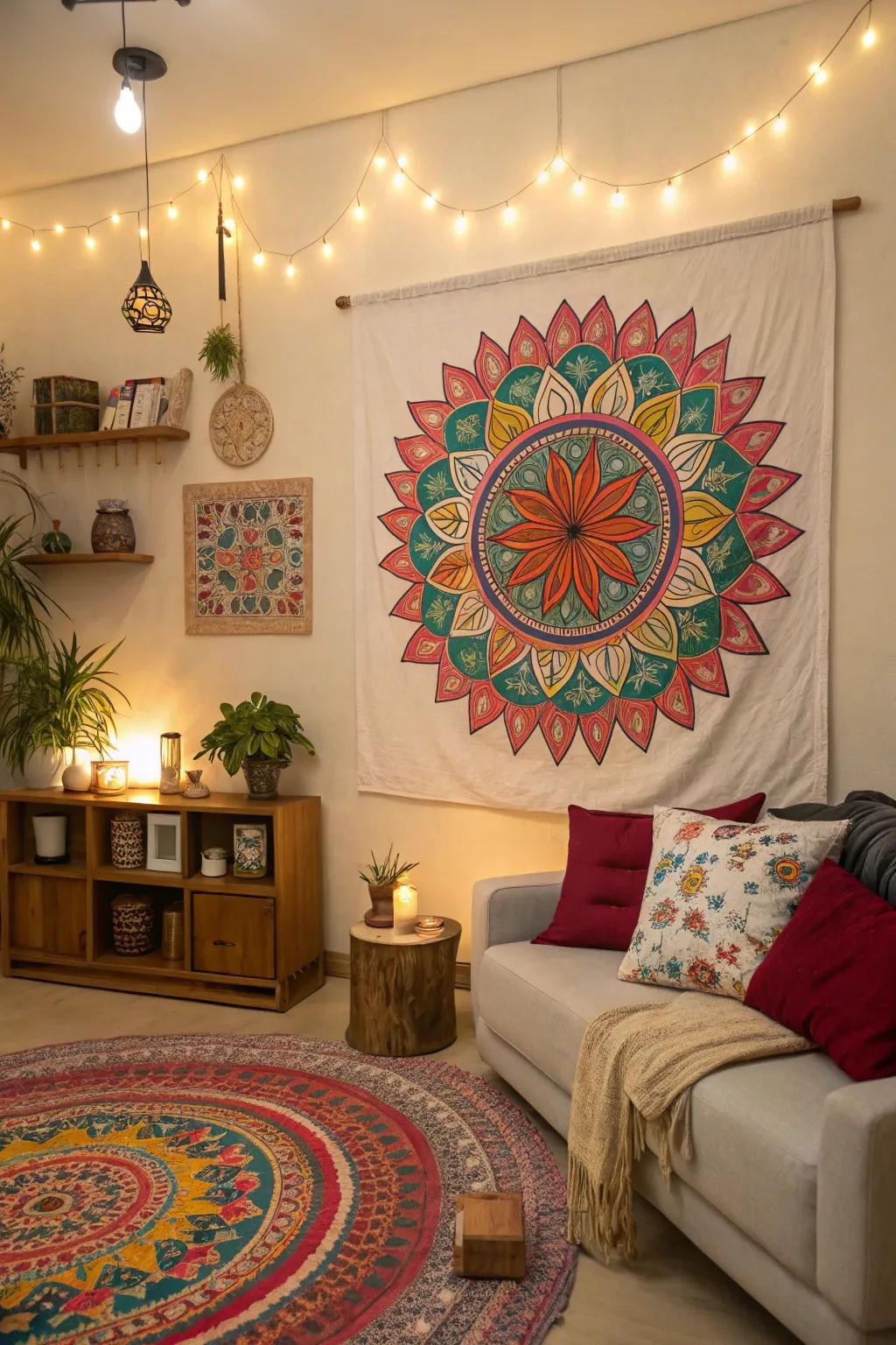 A peaceful ambiance is created by a vibrant mandala artwork.