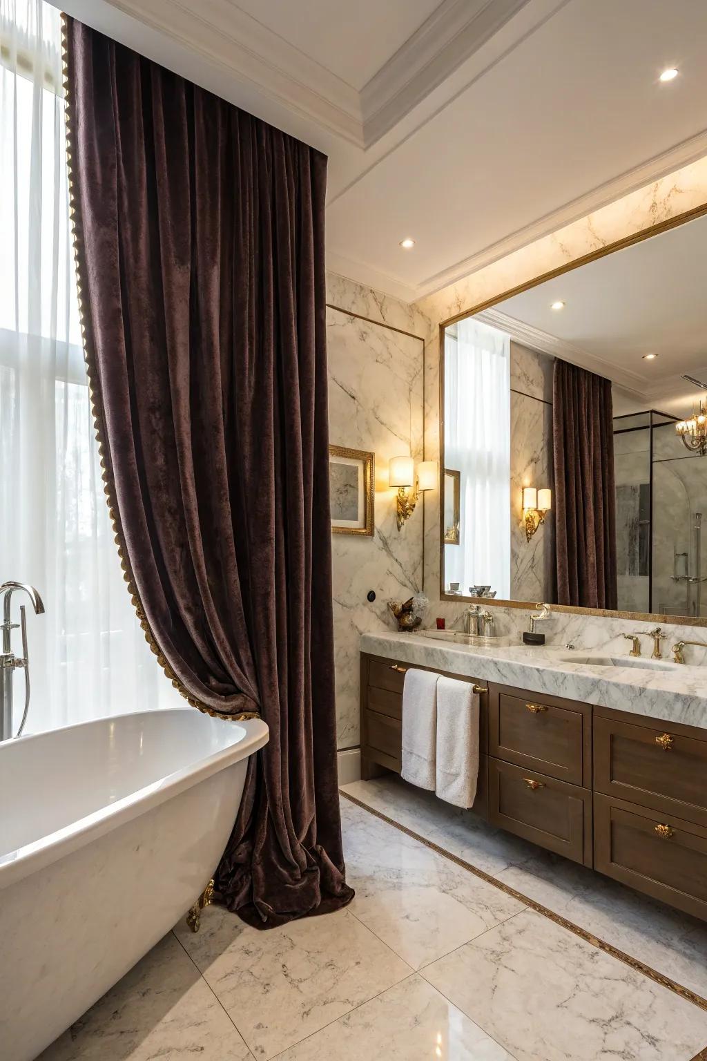 Velvet and marble bring elegance and luxury to this gothic bathroom.