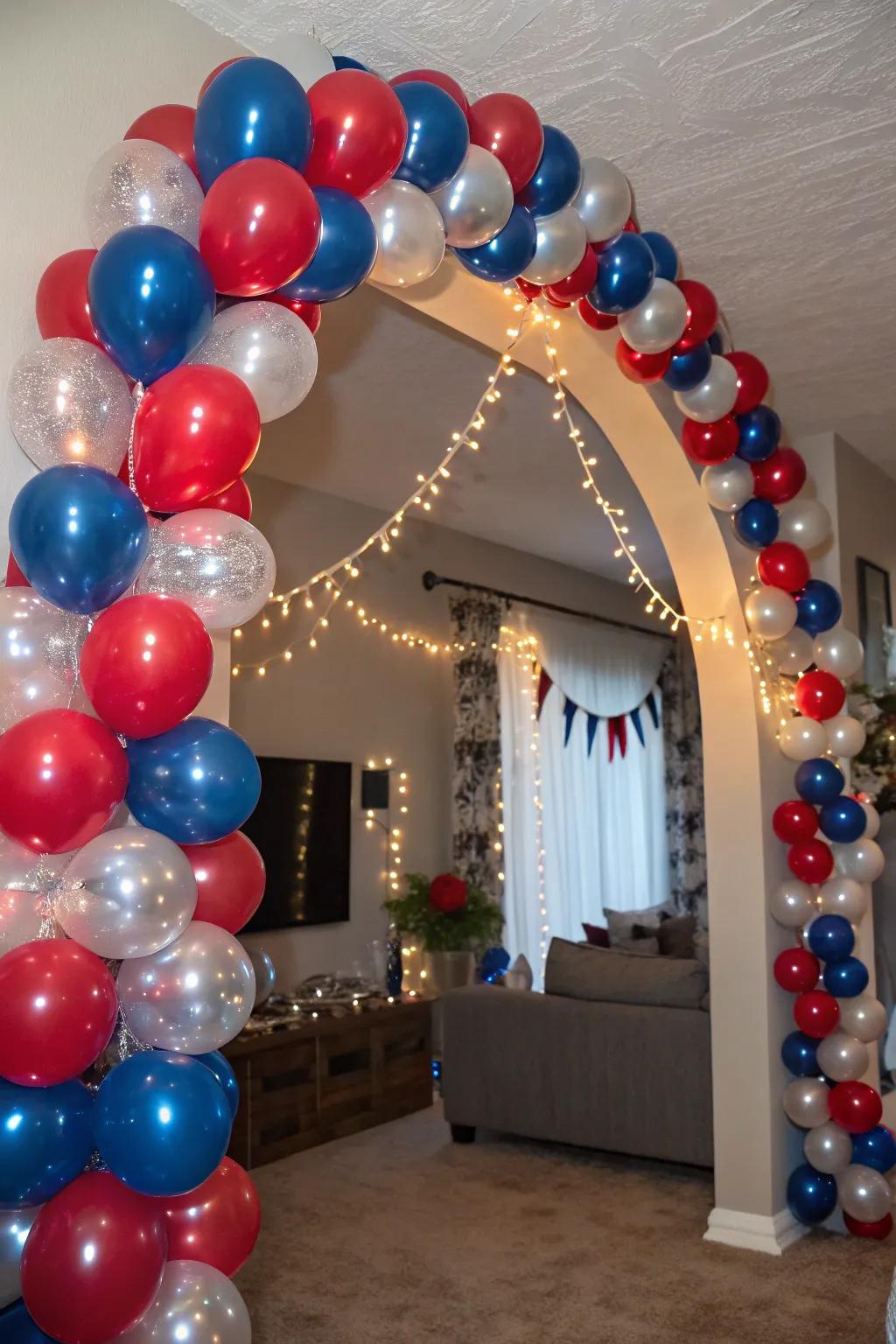 Vibrant and dynamic red and blue balloon garland for festive occasions.