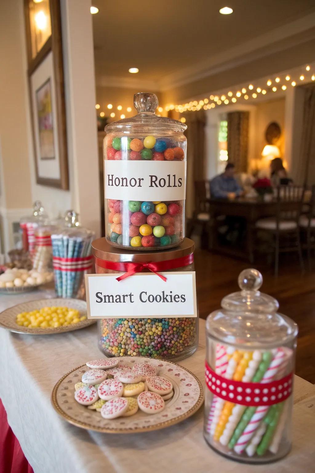 Whimsical candy monikers inject a playful essence into your graduation setup.