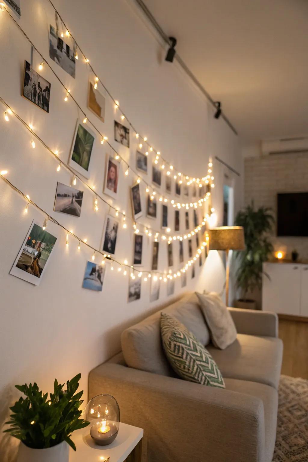 A string and clips display with fairy lights makes for a welcoming and cozy environment.
