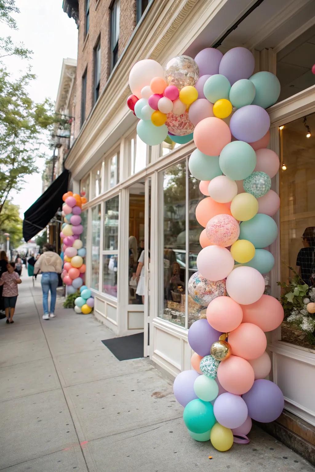 A natural balloon garland creates an inviting, fun atmosphere.