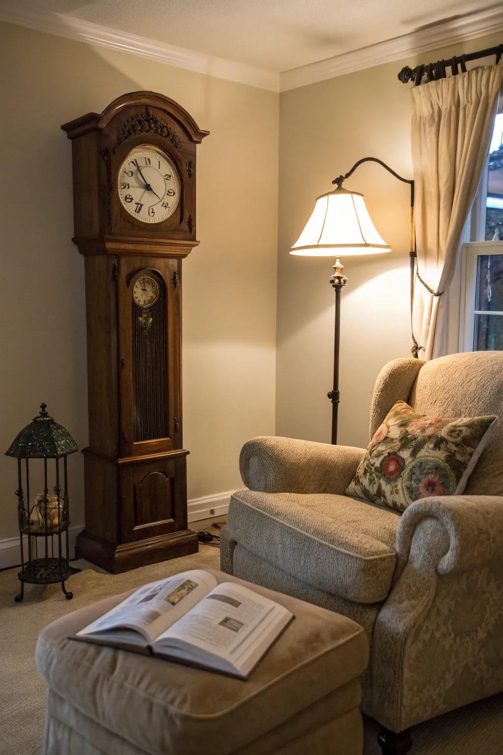 A snug corner featuring a longcase clock becomes an ideal nook for reading.