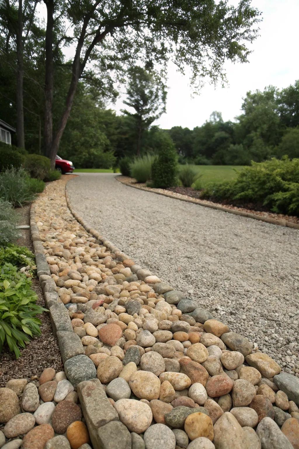 Natural stone borders impart a timeless elegance to the driveway.