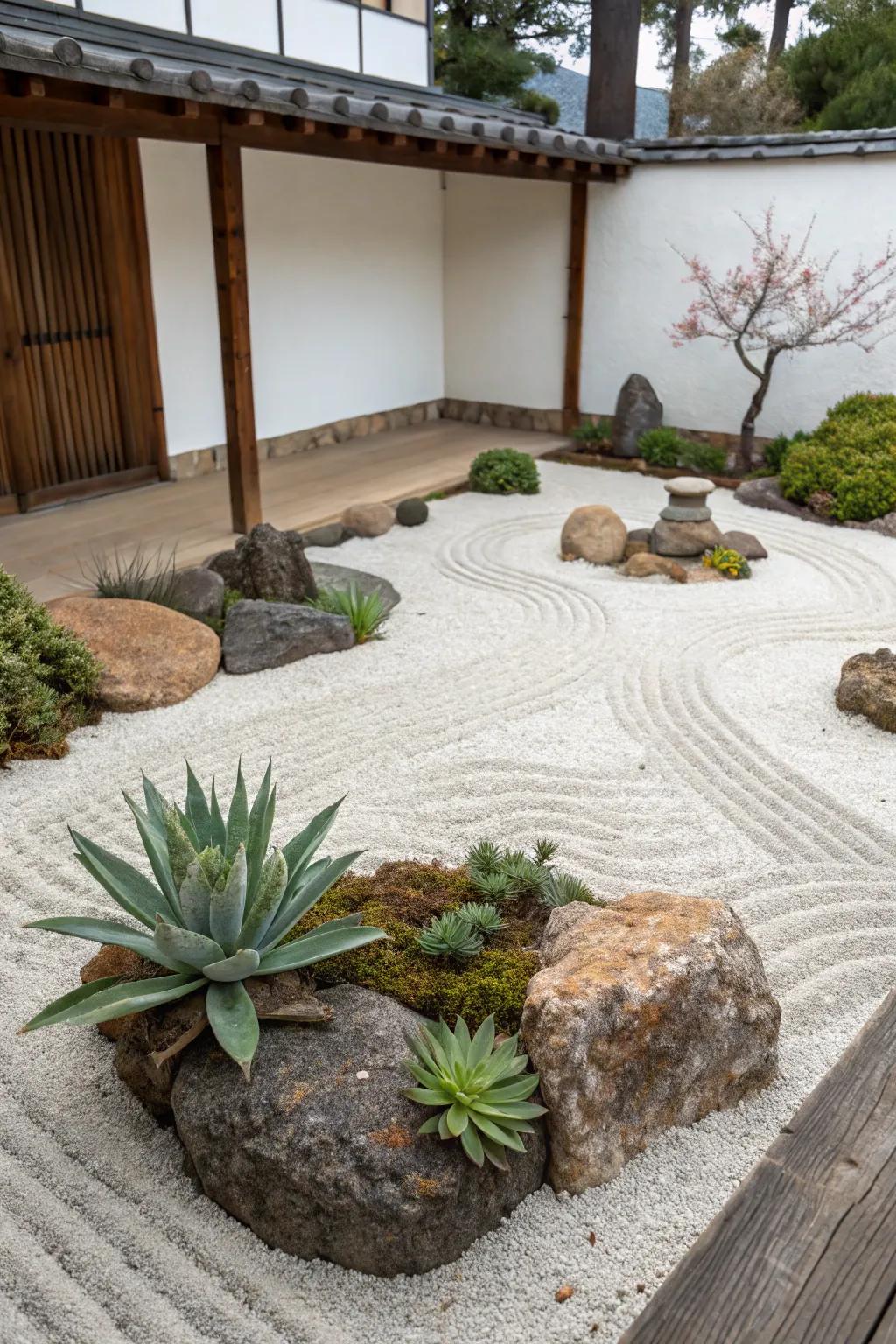 A Zen-inspired pebble flower bed featuring succulents