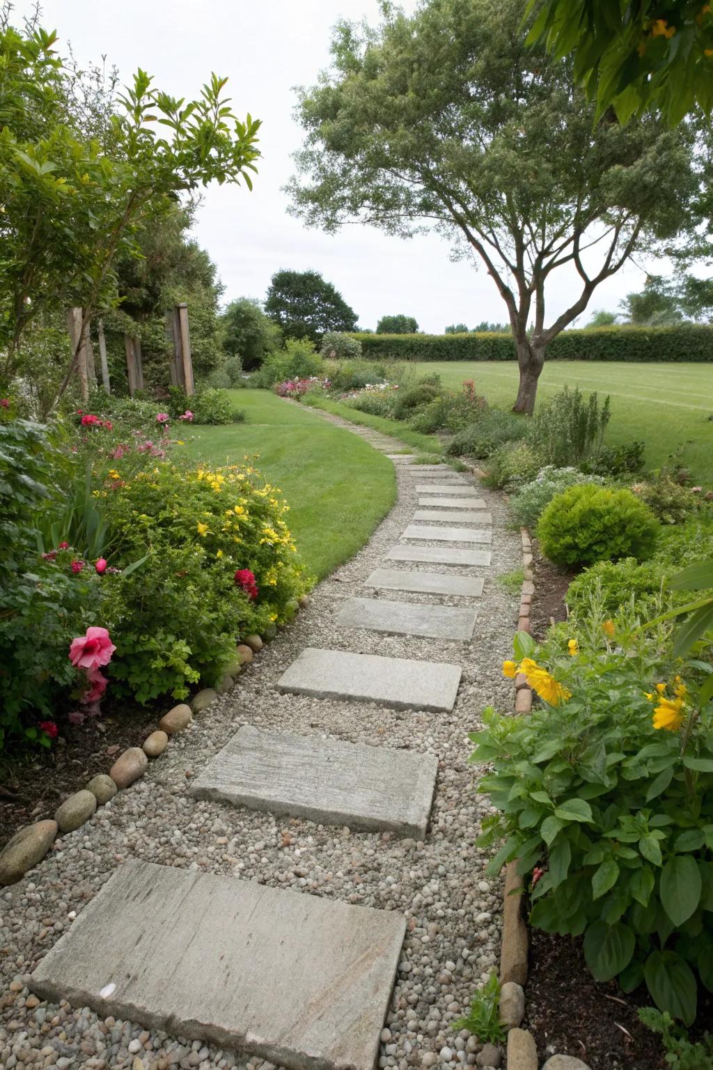 An enchanting gravel pathway with stepping stones, weaving through a garden.