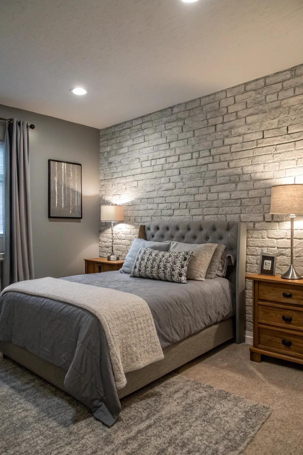 A textured wall introduces warmth and uniqueness to a gray-themed bedroom.