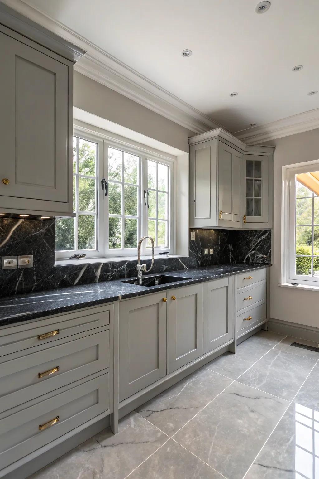 Magnificent black marble countertops provide a striking contrast to the gray cabinets.