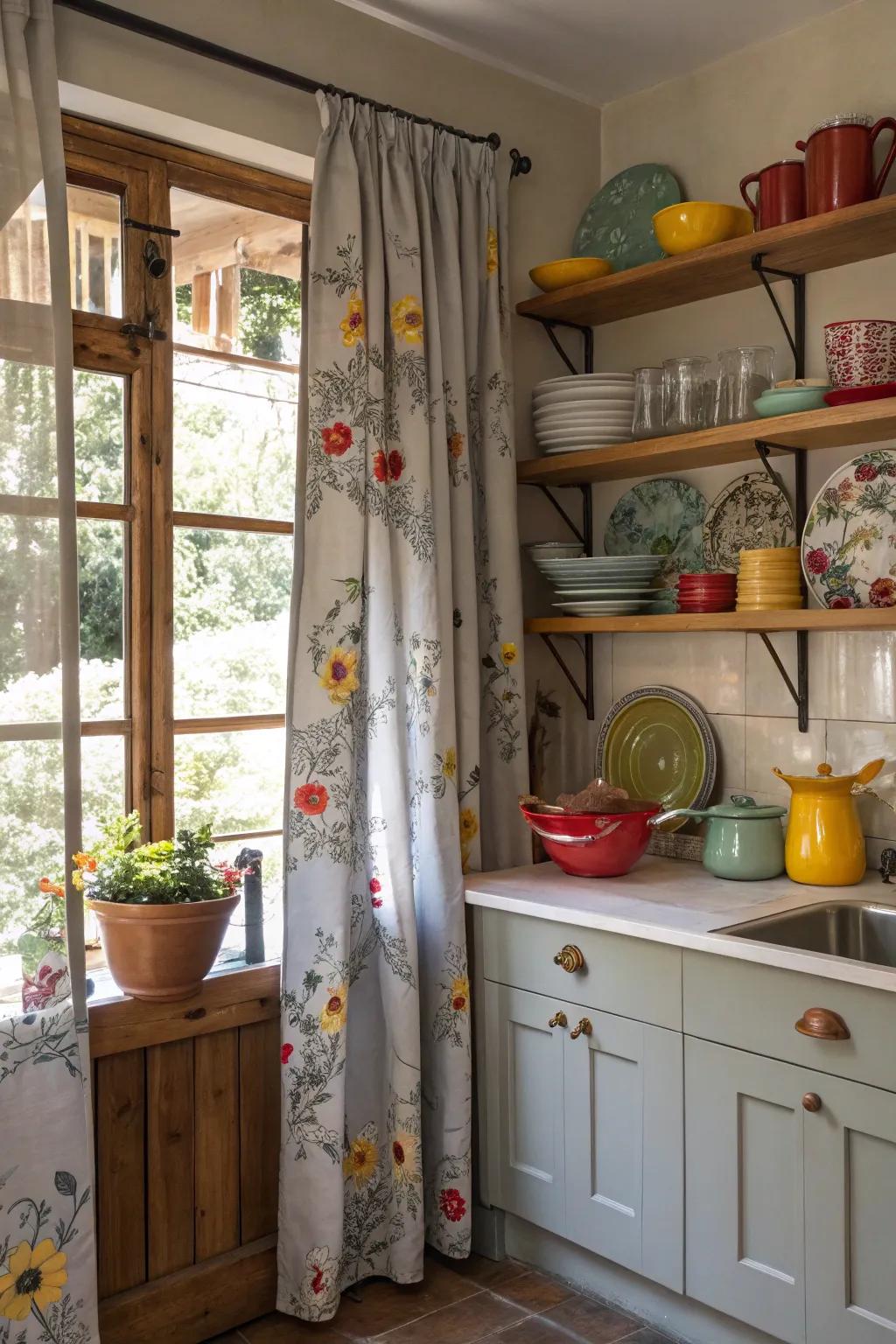Patterned gray drapes introduce a burst of character and style.
