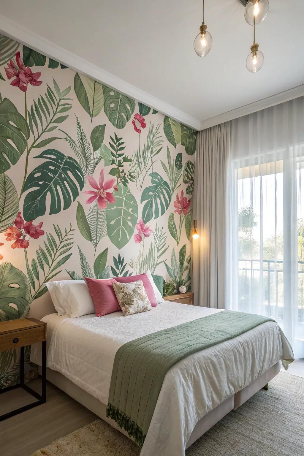 The natural, vibrant atmosphere that botanical wallpapers create in your bedroom.