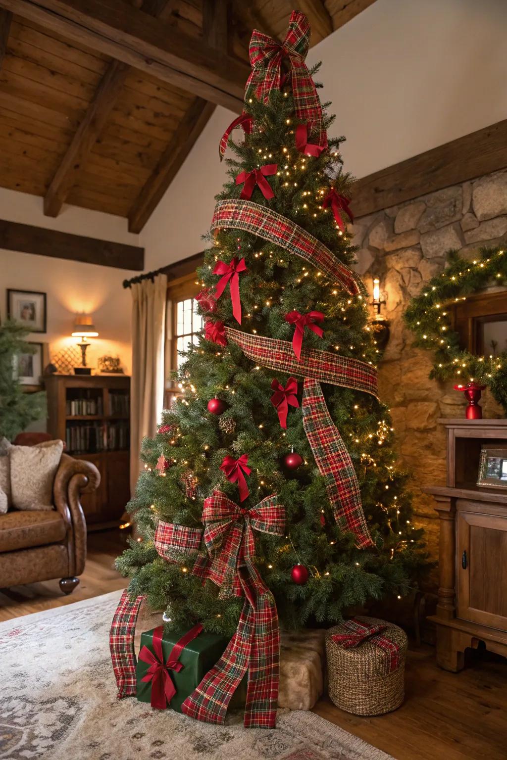 A countryside tartan-themed Christmas tree accentuated with crimson and emerald touches.