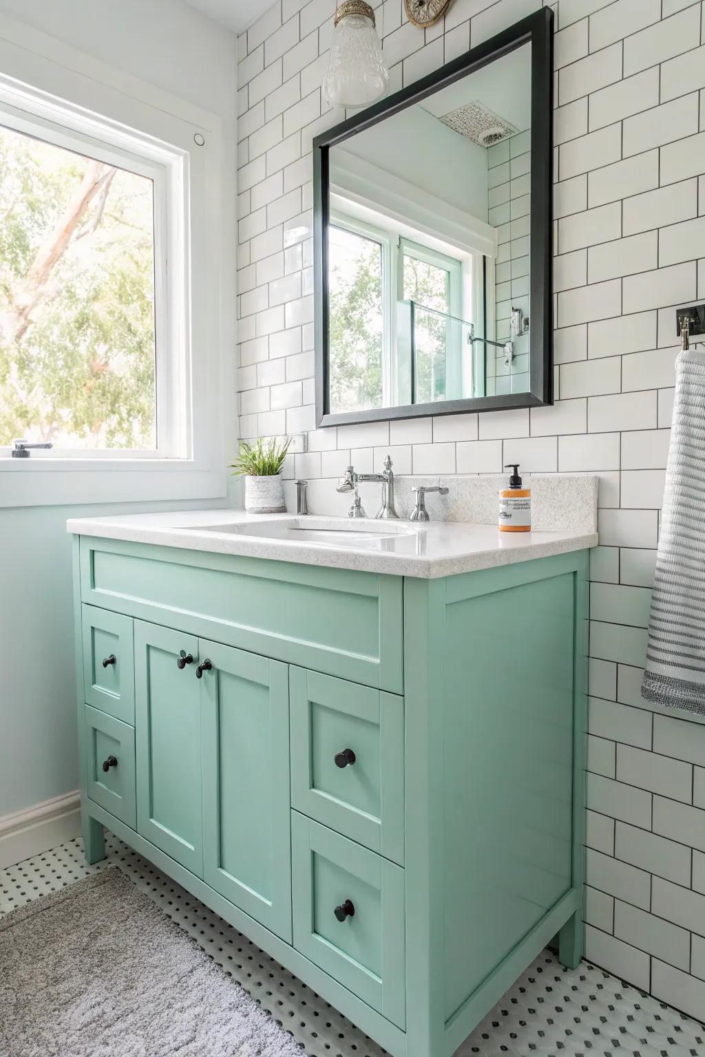 A mint-colored vanity that infuses a seaside freshness into the area.