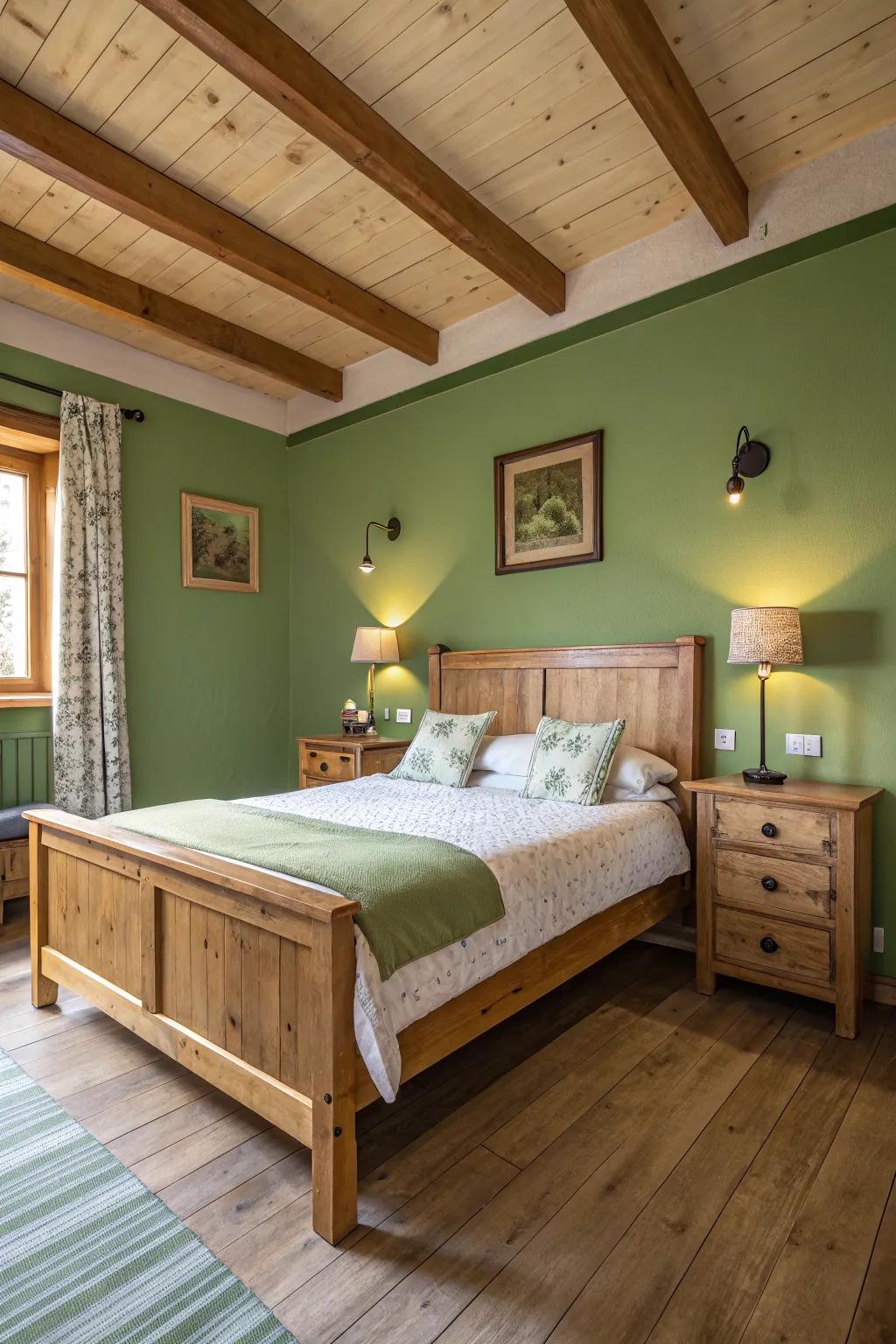 Raw wood details enhance the green shades, resulting in a balanced, soothing space.