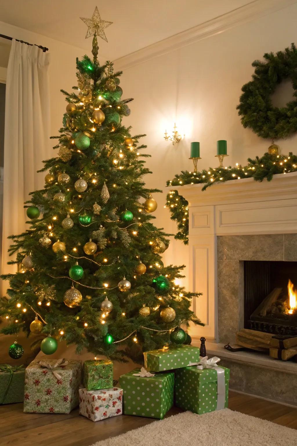 Emerald and gold ornaments crafting a classic festive ambiance.