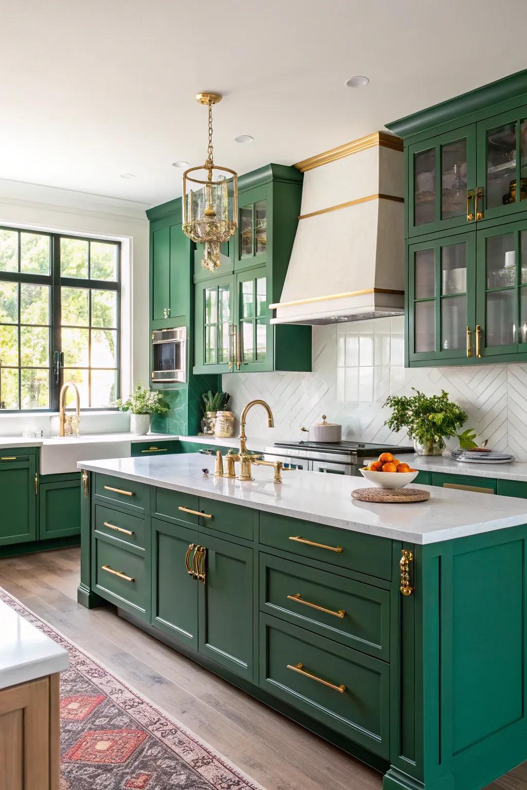 Verdant cabinets fashion a striking and opulent culinary centerpiece.