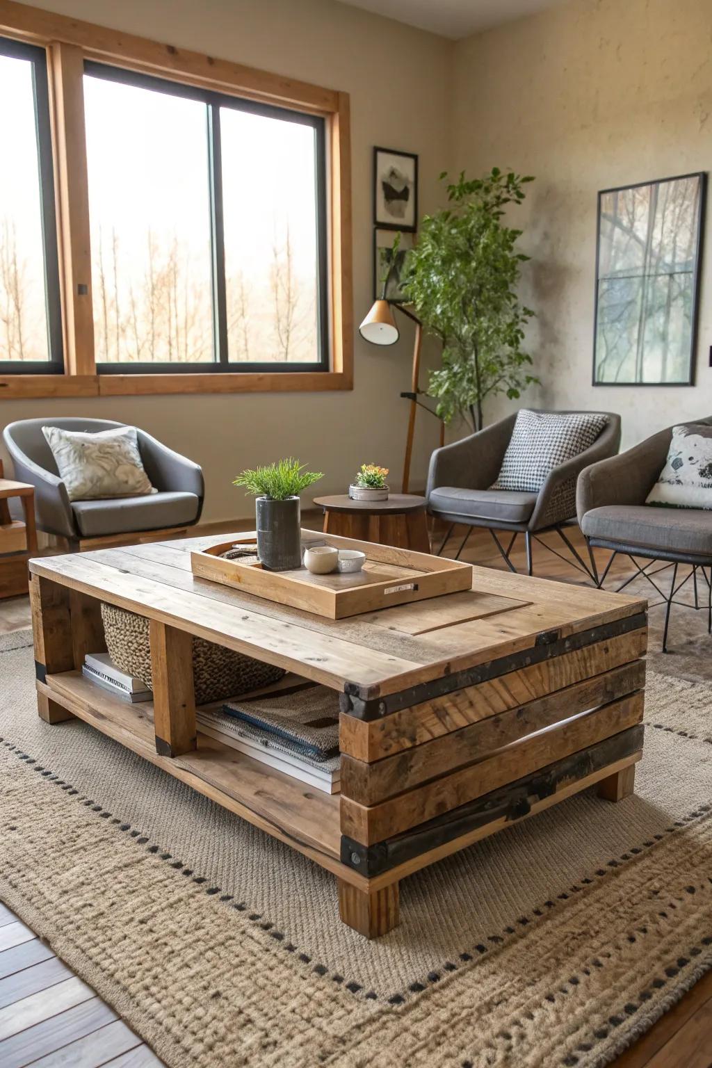 A beautifully arranged living space showcasing a coffee table constructed from reclaimed wood.