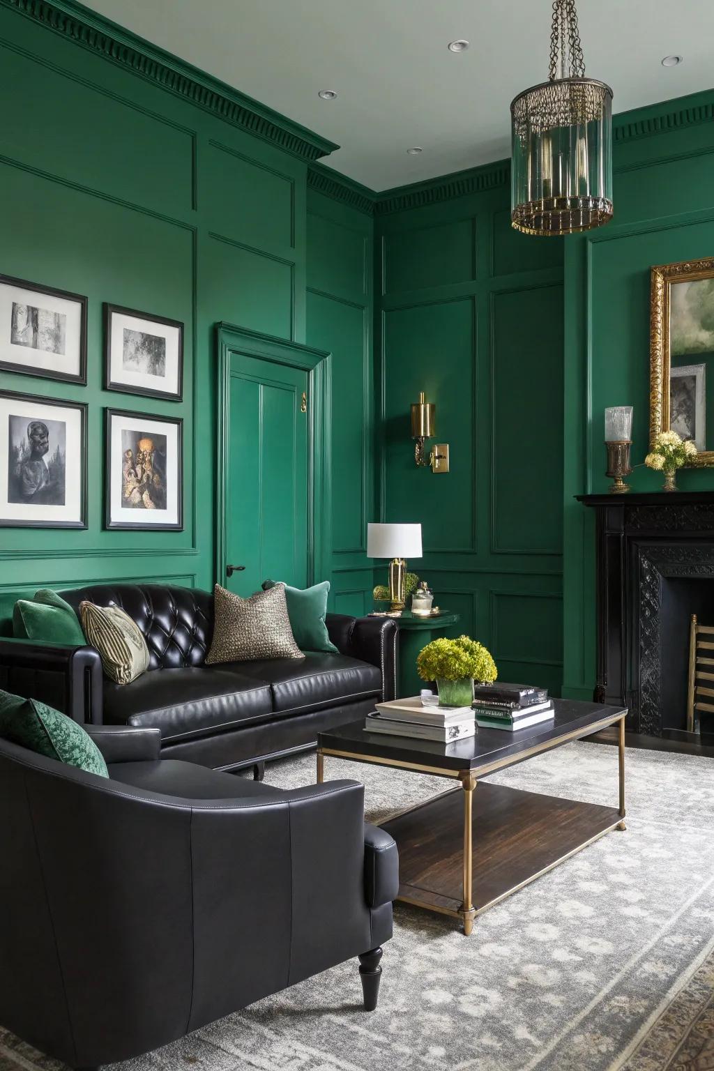 Deep green and black conjure a daring, lavish atmosphere.