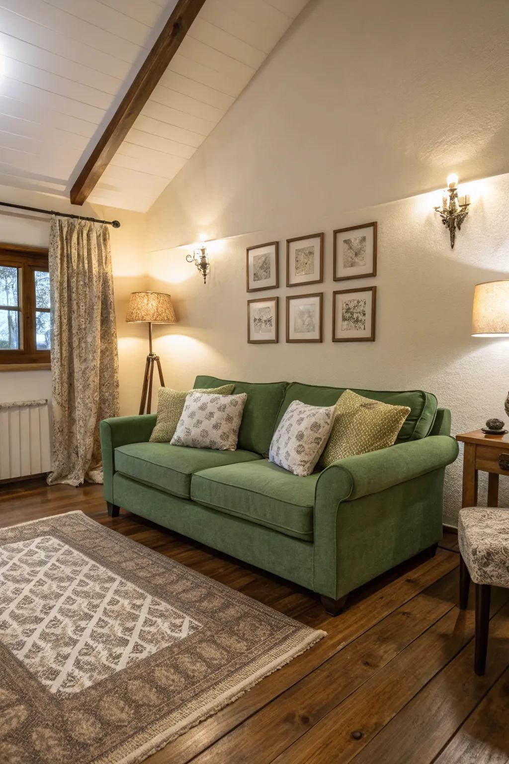 A lively green couch makes a stunning statement against muted colors.