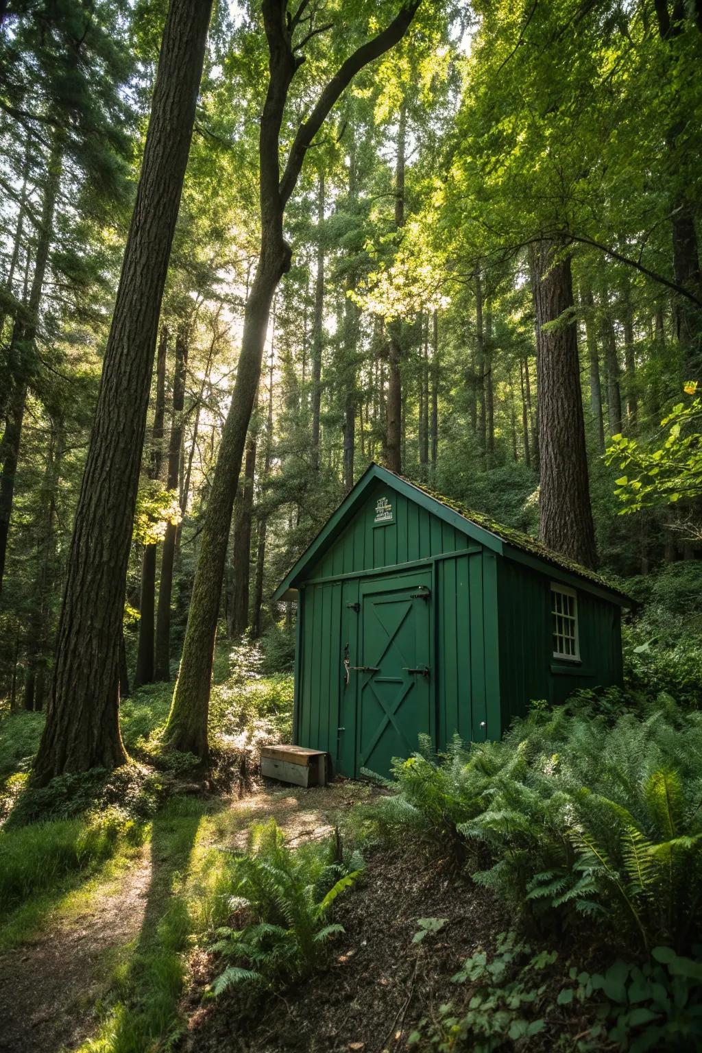 A deep wooded shed provides a peaceful escape surrounded by greenery.
