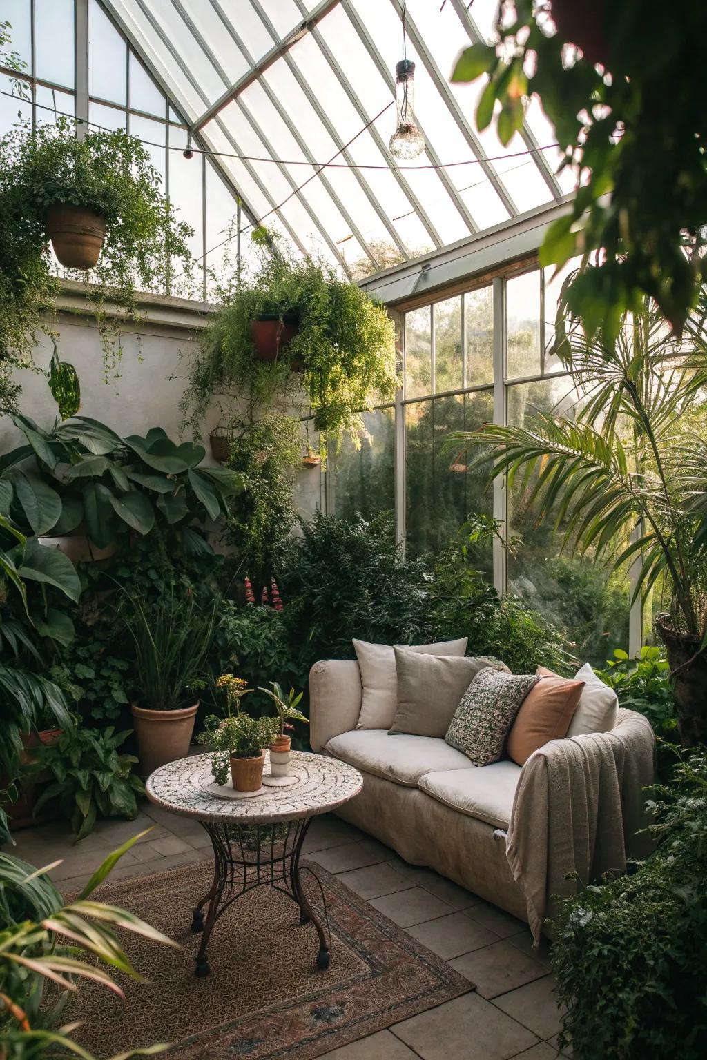 A greenhouse featuring an inviting seating area, perfect for unwinding.
